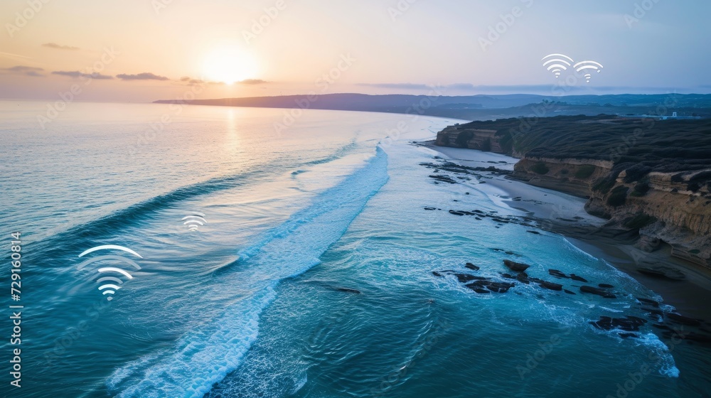 Obraz premium Coastal Connectivity: Embracing Wireless Signs by the Seascape