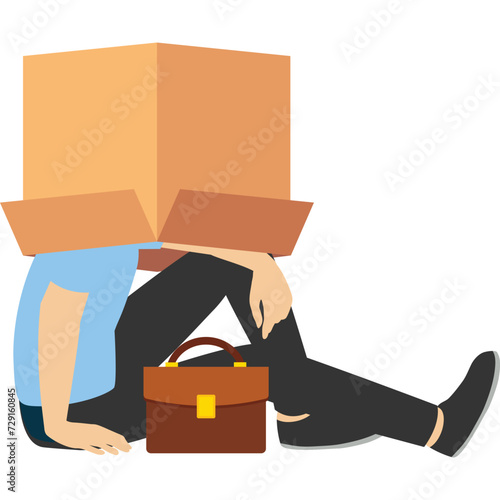 Business failure, bankruptcy or failed entrepreneur concept, work mistake or bad luck, depressed businesswoman sitting covering her head with box, ashamed because she can't face people or society.