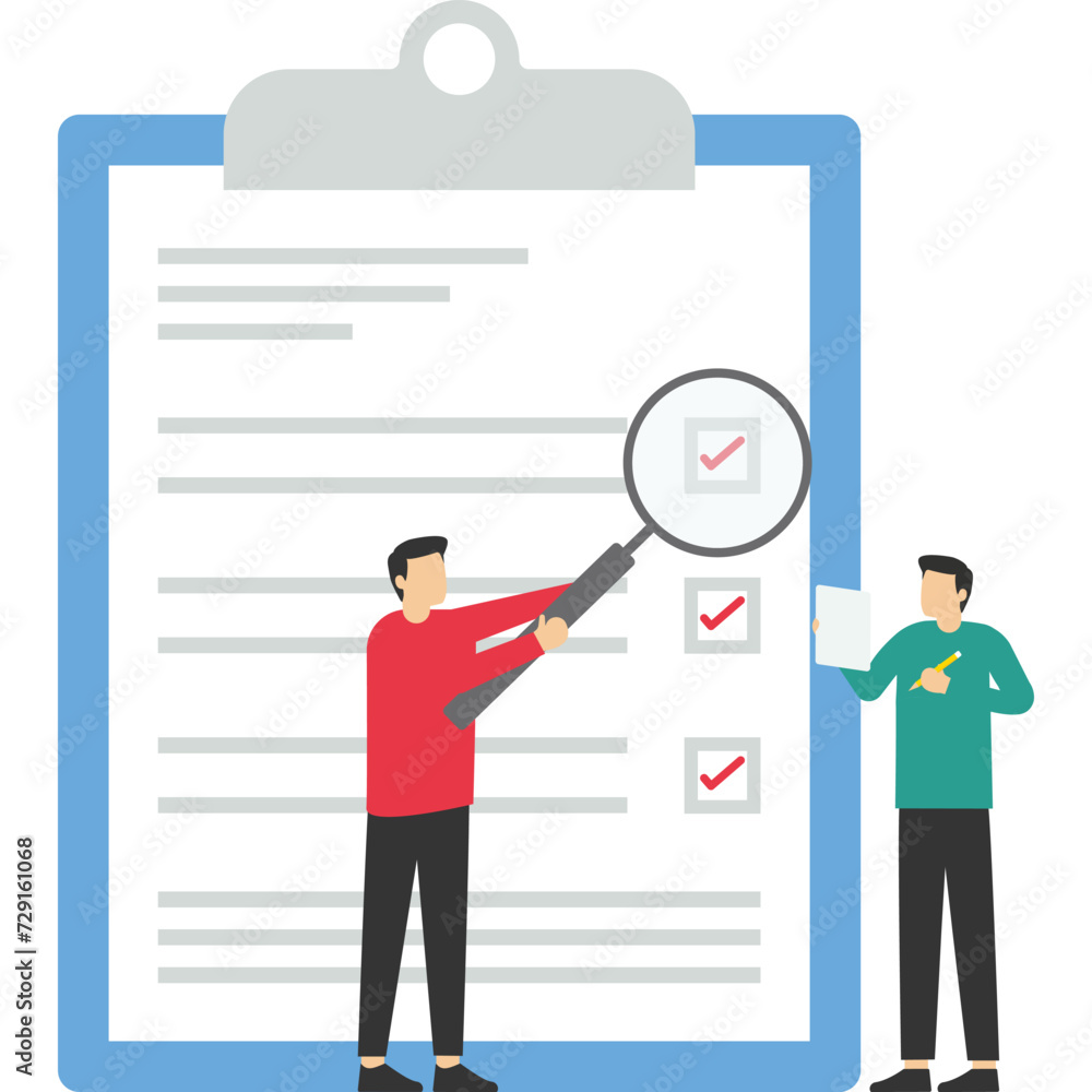 Survey Concept, Showing people with quality test and satisfaction report, tasks or work completed, Suitable for landing page, UI, web, app intro card, editorial, flyer and banner, Vector Illustration. Survey Concept, Showing people with quality test and satisfaction report, tasks or work completed, Suitable for landing page, UI, web, app intro card, editorial, flyer and banner, Vector Illustration.