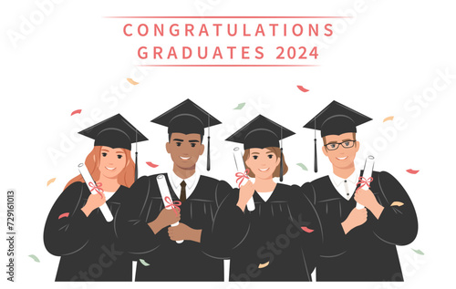 Group of students-graduates wearing an academic gown, graduation cap and holding a diploma against the backdrop of the university. University building in traditional architecture with columns. Vector 