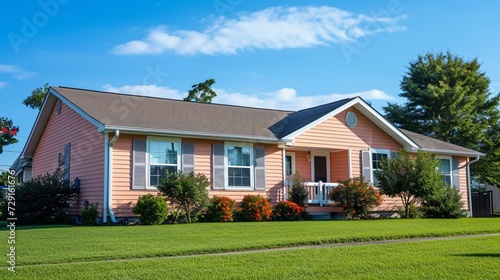 A peach-colored house with siding, amidst a suburban landscape. It has conventional windows and shutters, on a generous plot, during a bright, sunny day