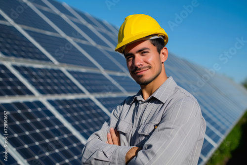 Man electrician posing against the backdrop of solar panels in a field. Science solar energy. Smiling male technician. panel sun sustainable resources renewable energy source alternative innovation © Nataliia_Trushchenko