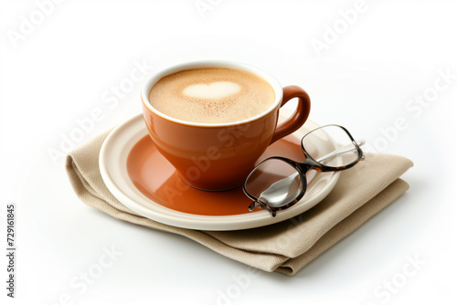 Cup of coffee on a plate with lying glasses for vision on a white background