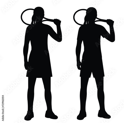 Two black silhouettes of women's tennis girl player standing straight and holding a racket and ball