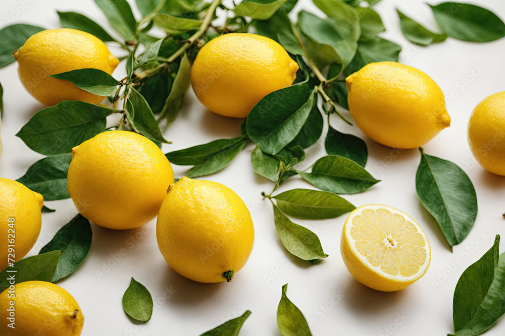 Close-up of lemons on a white background. A group of lemons with leaves on a white table.