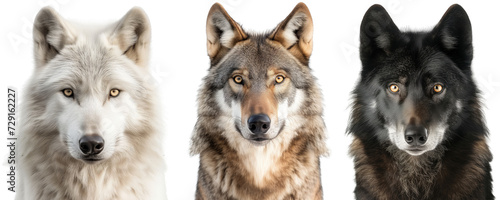 Collection of white, grey and black wolf portraits isolated on a transparent background