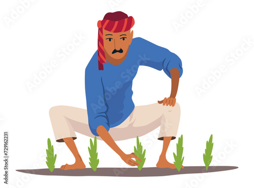 Indian farmer in traditional clothes. Rural man collect or harvesting. Rural business and village concept. Village rural character worker. Isolated vector illustration