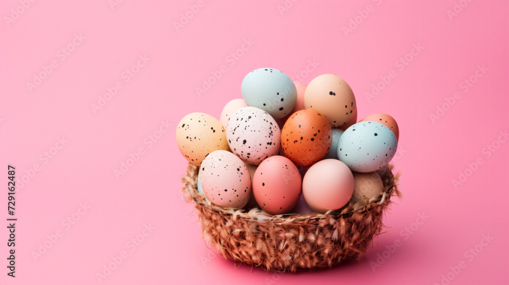 A basket filled with different colored eggs