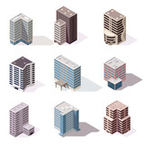 Collection isometric offices or business center icons. Town apartment building city map creation. Architectural vector 3d illustrations. Infographic elements. City house compositions