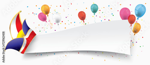 Karnevalbanner mit Elferratmütze, Luftballons und Konfetti