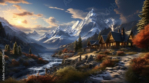 A cozy cabin in a snowy mountain landscape