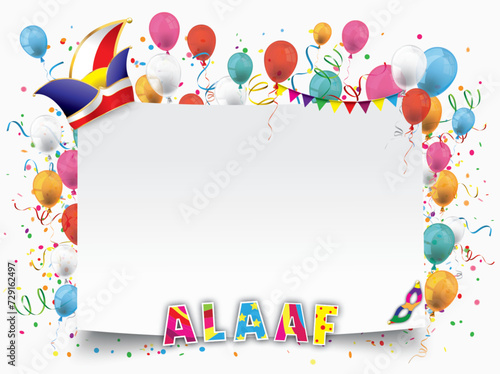 Karnevalscover mit Textfreiraum und dem Wort Helau, Narrenkappe und bunten Luftballons