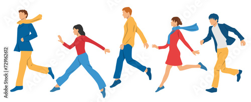 Set of running people, men, women, teenagers, different colors, cartoon character, silhouettes of running young people, profile, students, flat icon design concept isolated on white background