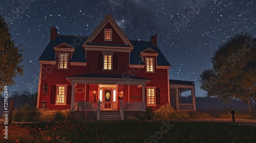 A ruby red house with siding, in a suburban locale. This dwelling has time-honored windows and shutters, on a spacious lot, under a starry night sky