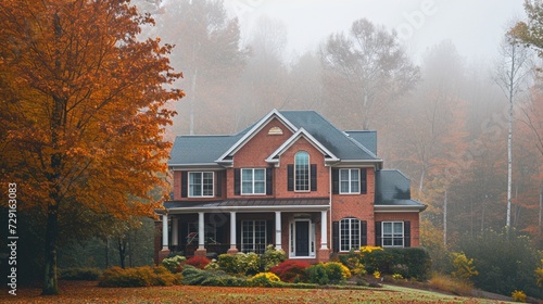 a side angle view of A brick red house with siding, in a suburban neighborhood. Showcases traditional windows and shutters, on a vast estate, during a foggy autumn morning