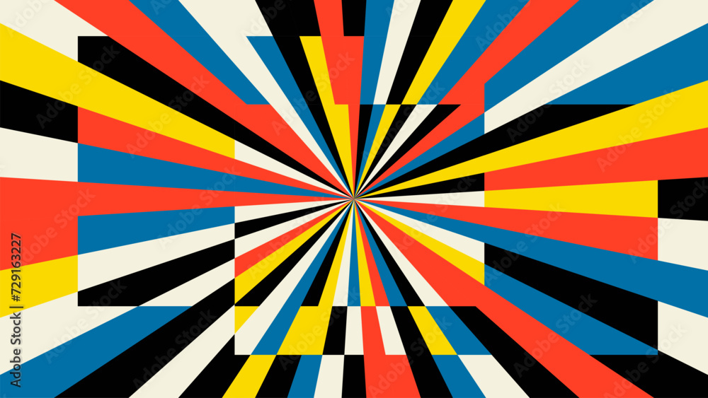 Bright geometric background in the style of constructivism and cubism with a modern twist. Speed lines converging in the center, separated by color into simple shapes. Super speed in comic style.