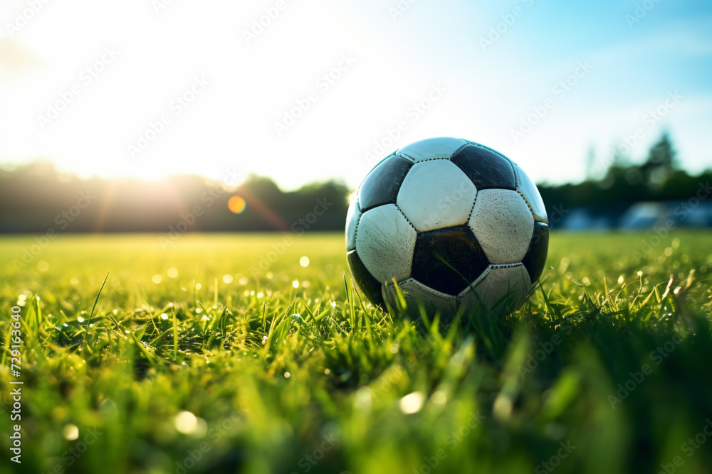 Fototapeta premium a soccer ball sitting on the grass on the field near the goal,