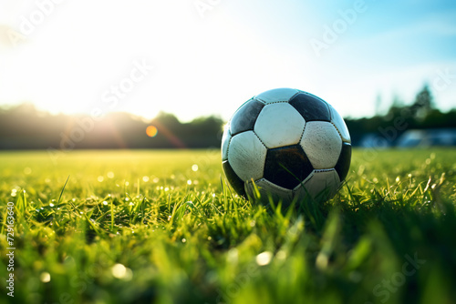a soccer ball sitting on the grass on the field near the goal,