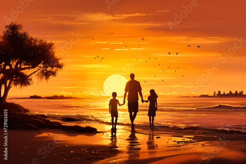 Silhouette of family walking on the beach at sunset time. 