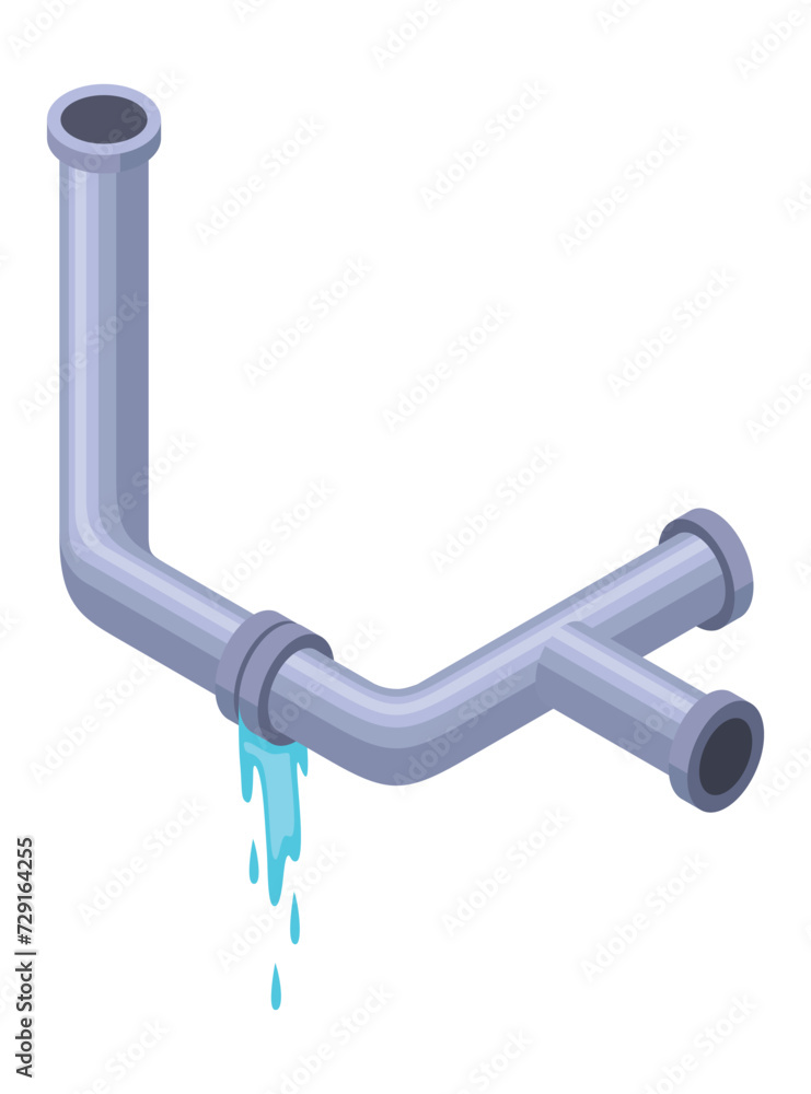 Leaking pipes isometric. Broken pipe tube with leaking water. Plumbing construction pipeline with damage element. 3d industrial water system