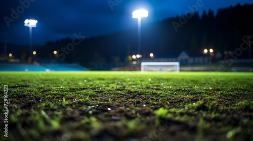 night soccer stadium with grass and sand, blurry silhouette and night lighting