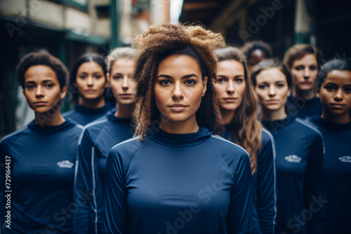 many women wearing soccer shirts, in the style of ominous vibe