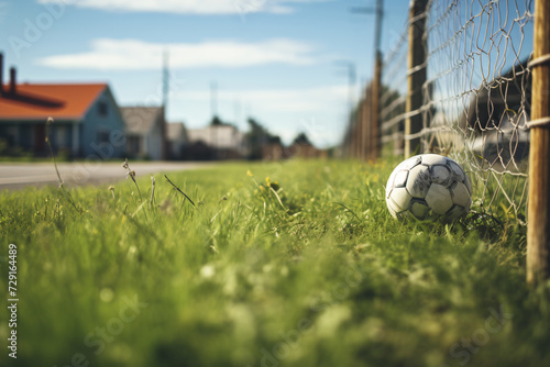 a soccer ball on the grass next to fences