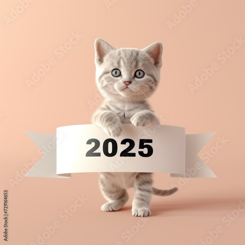 cute kitten celebrates the new year 2025 on a peach background with space for text. New Year concept, postcard, numbers