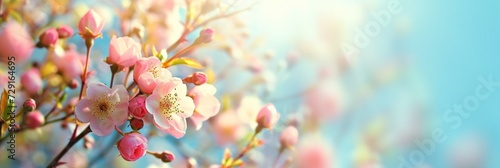 spring background with a branch of peach-colored rosehip on a blue sky background. banner with place for text. concept spring, flowers, March 8, poster, rosehip, pink