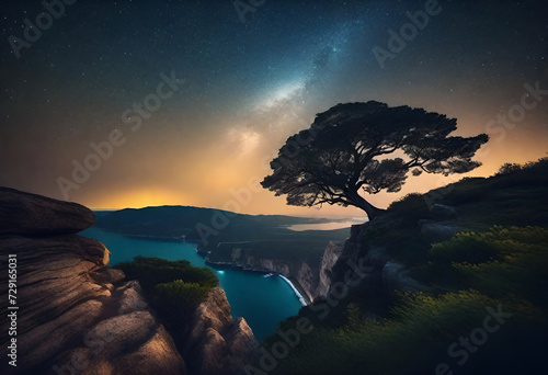 sky at night with stars and big tree on cliff in minimal dark style