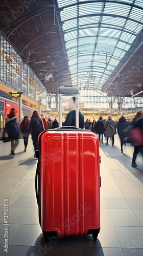 a red colored suitcase on a station or airport platform, with a blurry room and people in the background. concept travel, trip, things, suitcases, luggage