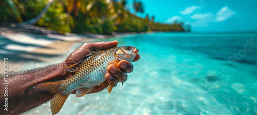 A man fishes on the tropical beach background  tropical activity