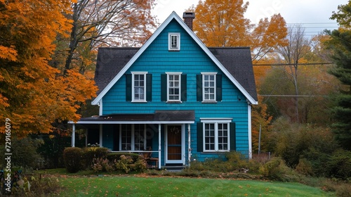A teal house with siding, in a suburban sector. It features classic windows and shutters, on an extensive plot, 