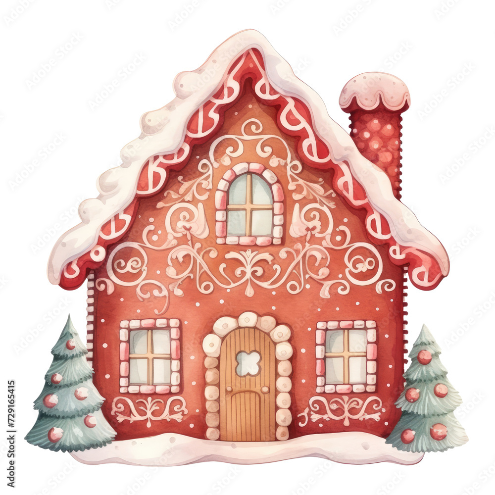  Pink watercolor Gingerbread House Christmas Cookie Clipart isolated on trasparent background