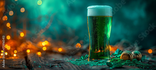 banner of Green beer. selebriting of Happy Saint Patrick's Day, gold bole background, copy space foe text  photo