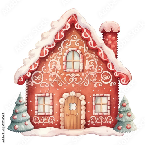  Pink watercolor Gingerbread House Christmas Cookie Clipart isolated on trasparent background