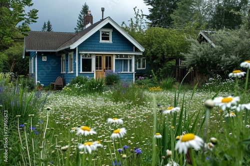 An indigo craftsman cottage with a green, wildflower-dotted meadow as a backyard