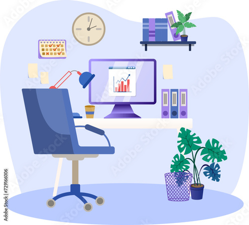 Work place illustration. Empty modern office interior. Office workstation furniture interior concept. Vector flat graphic design cartoon illustration