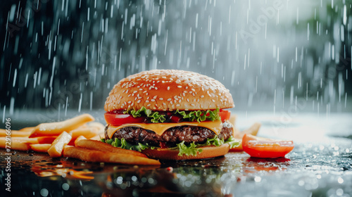 A cheeseburger or hamburger with fries on a dark background in the rain