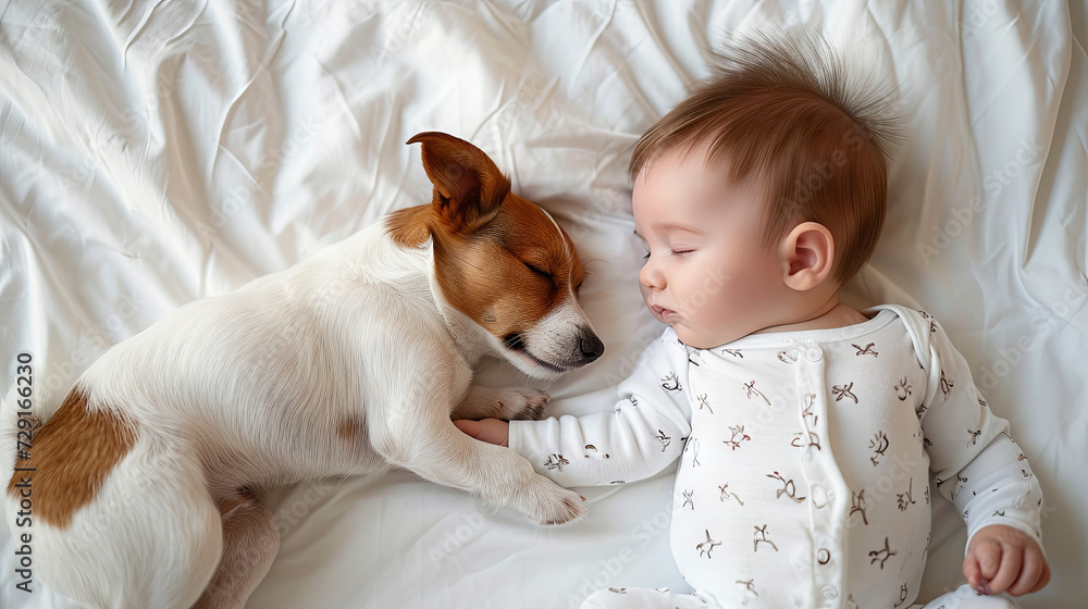 newborn baby is sleeping with Jack Russell dog. pet love newborn baby is sleeping with Jack Russell dog. pet love