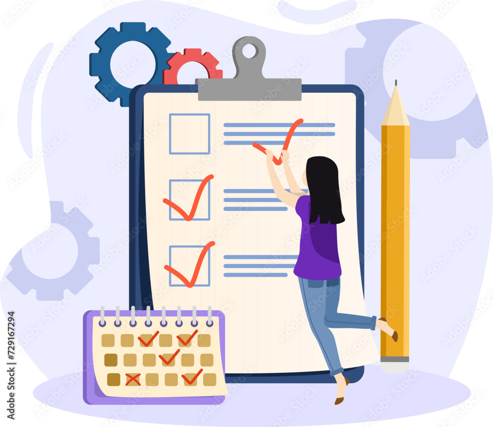 Planning illustration. Happy woman standing near check list and holding pen. Concept of successful completion of tasks. Daily planning and time management. Vector illustration in flat cartoon style. Planning illustration. Happy woman standing near check list and holding pen. Concept of successful completion of tasks. Daily planning and time management. Vector illustration in flat cartoon style.