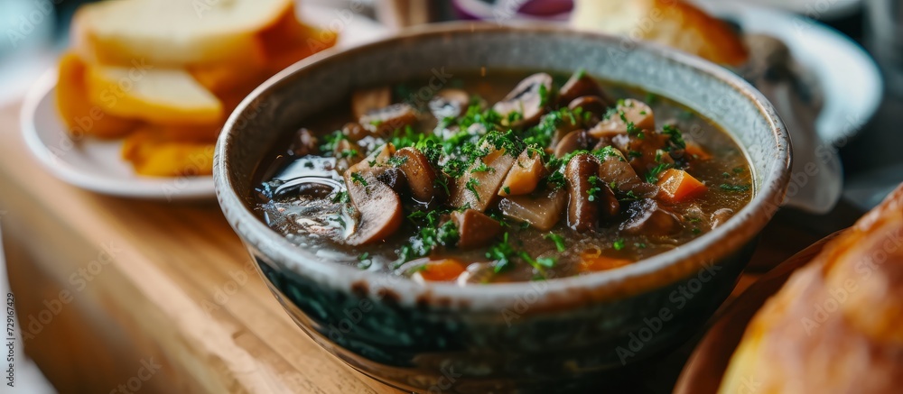 Close-up of a delicious lunch with a bowl of mushroom soup. Close-up of a delicious lunch with a bowl of mushroom soup.