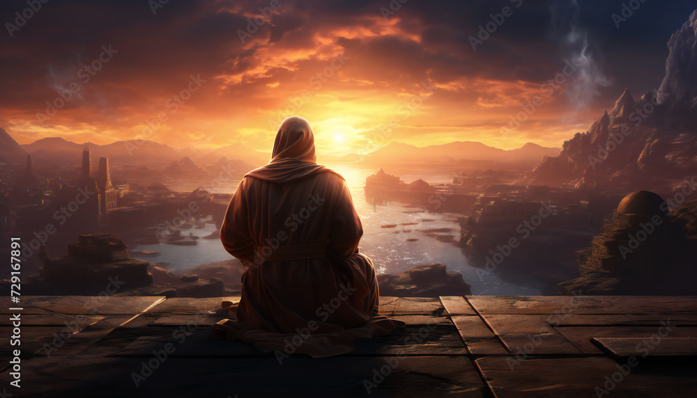 Recreation of man from back staring a landscape of mountains and river at sunset