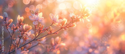 Abstract spring background with beautiful floral branches in soft focus, capturing gentle light and bokeh at sunset.