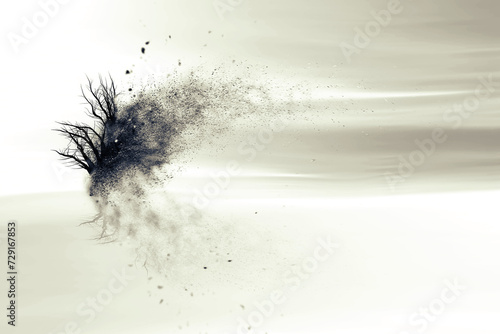 Alone tree. Abstract art nature. Dispersion, splatter effect. 