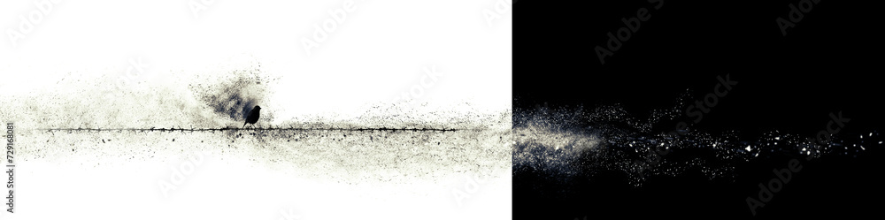 Obraz premium Alone bird. Abstract art nature. Dispersion, splatter effect. 