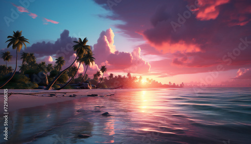 Recreation of a magical sunrise in a beach of a tropical island