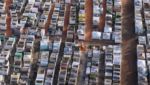 Rows of cemetery plots and crypts of R.K. Begraafplaats Roodeweg Curacao aerial photo