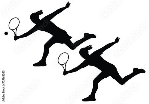 Two black girl silhouettes of women's tennis player in T-shirt and dress in profile who run forward to hit the ball