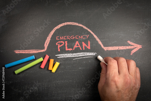 Emergency Plan. Colored chalk pieces on a dark chalkboard background photo